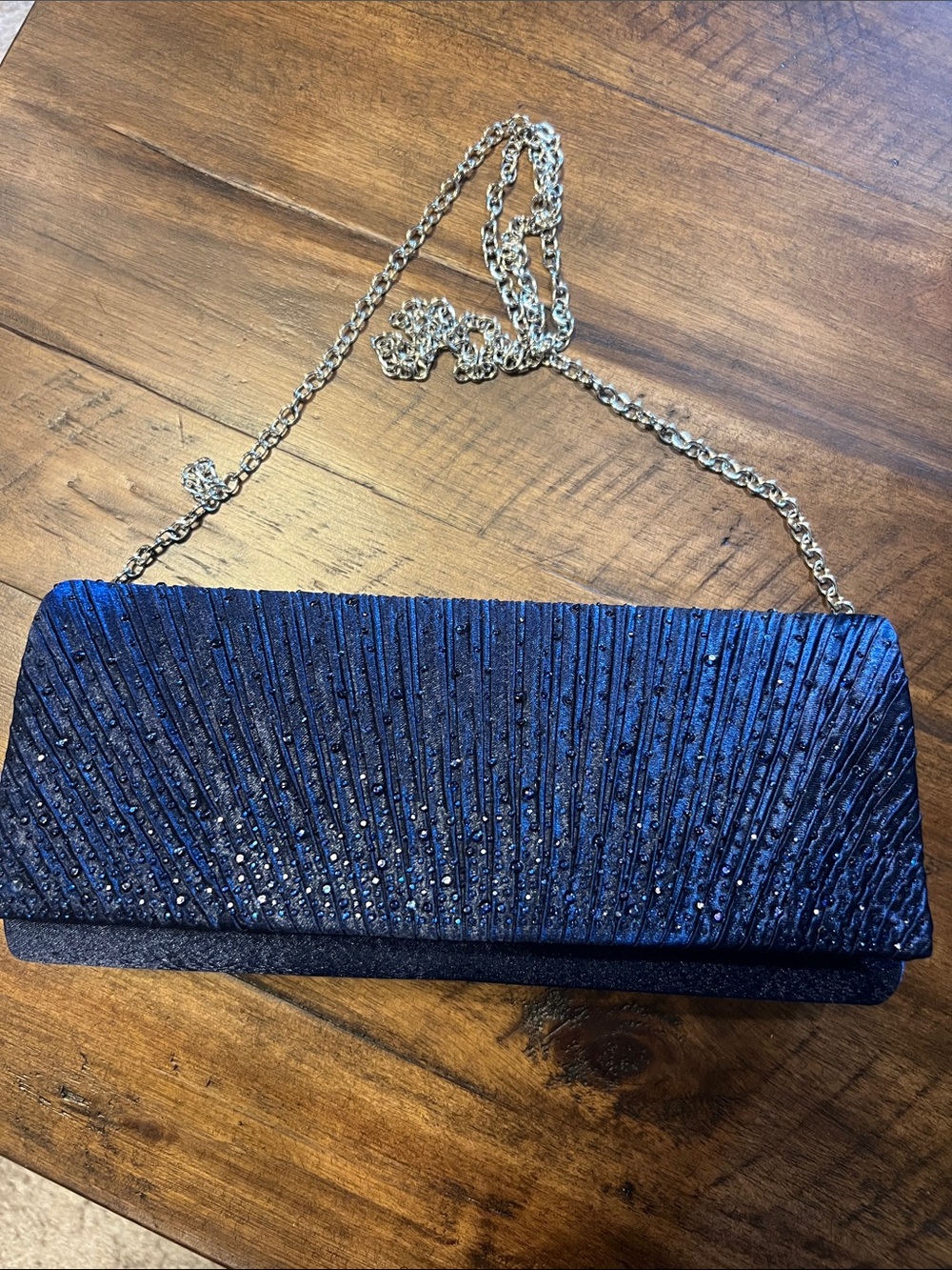 David's Bridal Navy Blue Rhinestone Pleated Clutch with Silver Chain
